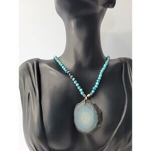 Vintage Sparkling Sage Blue Stone Beaded Necklace Blue Agate Slice Pendant